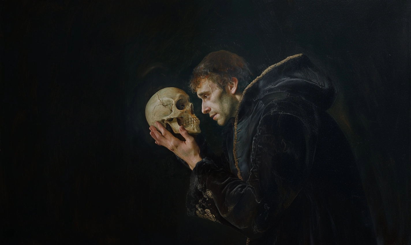 Hamlet to has a human skull in his hand and asks to be or not to be